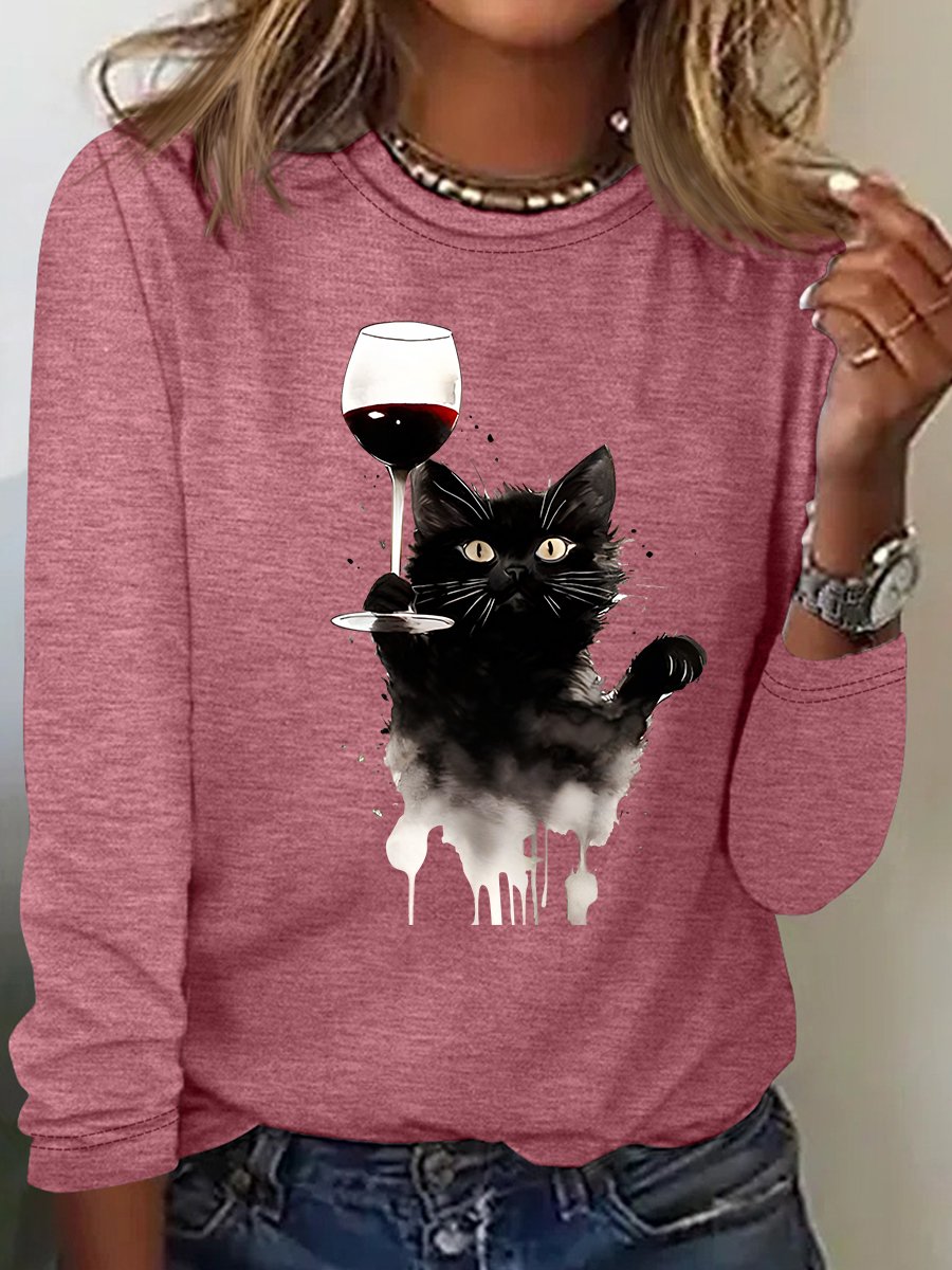 Cute Cat And Red Wine Casual Long Sleeve Shirt