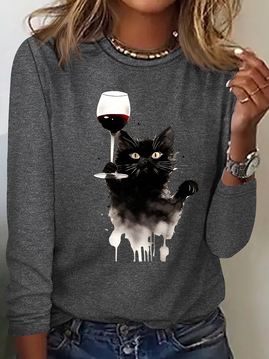 Cute Cat And Red Wine Casual Long Sleeve Shirt