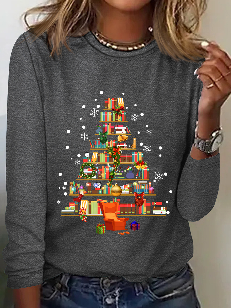 Christmas Tree Made Of Books Casual Long Sleeve Shirt