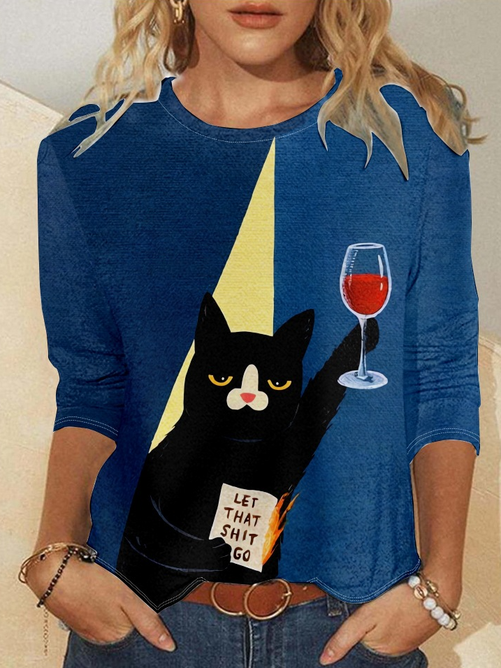 Cat Christmas Wine Glass Casual Crew Neck Long Sleeve Shirt