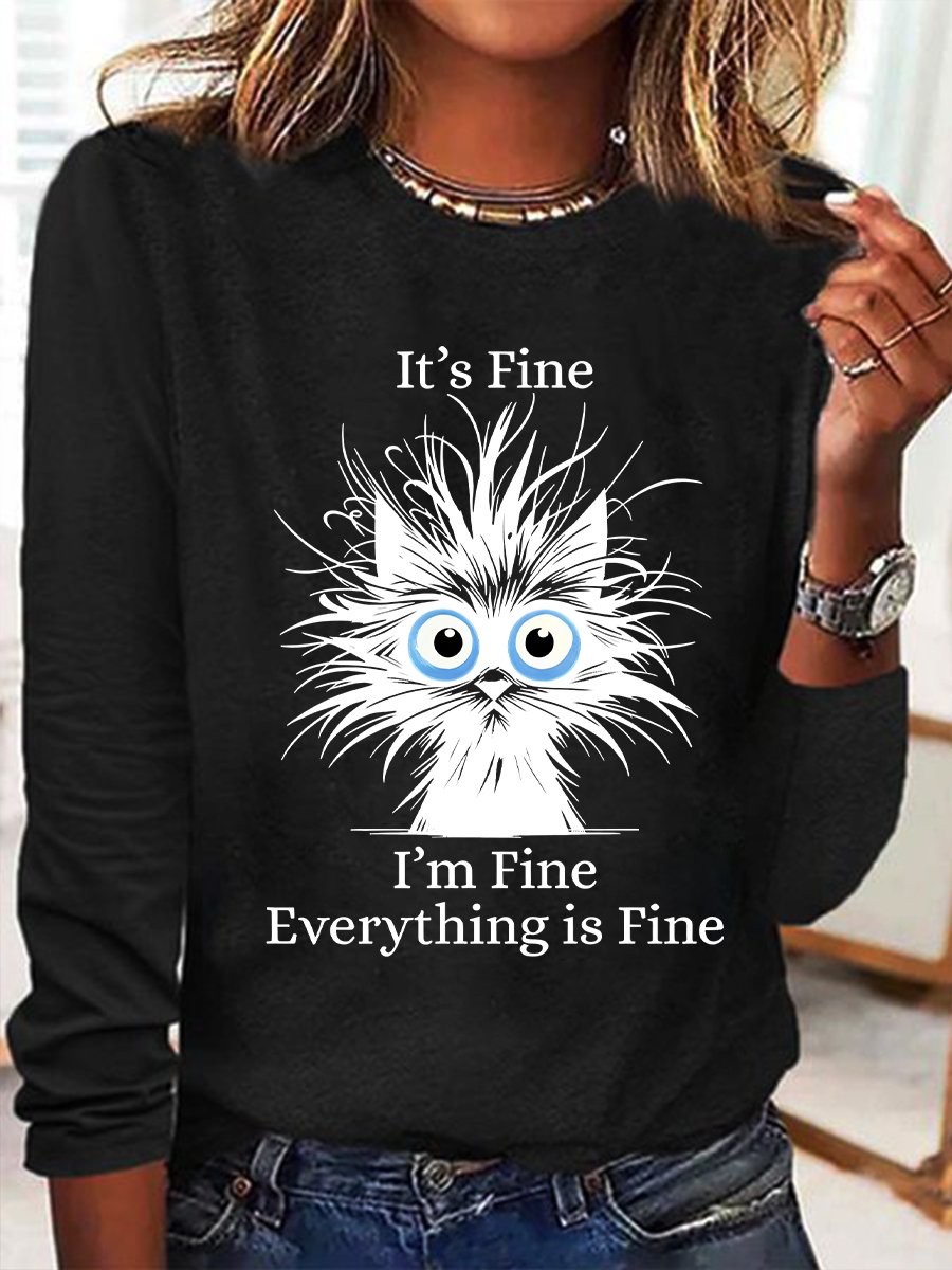 It'S Fine I'M Fine Everything Is Fine Print Casual Long Sleeve Shirt