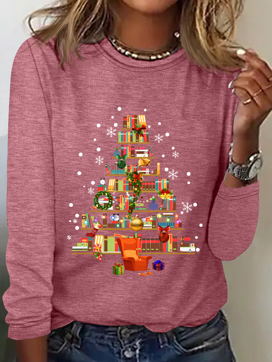 Christmas Tree Made Of Books Casual Long Sleeve Shirt