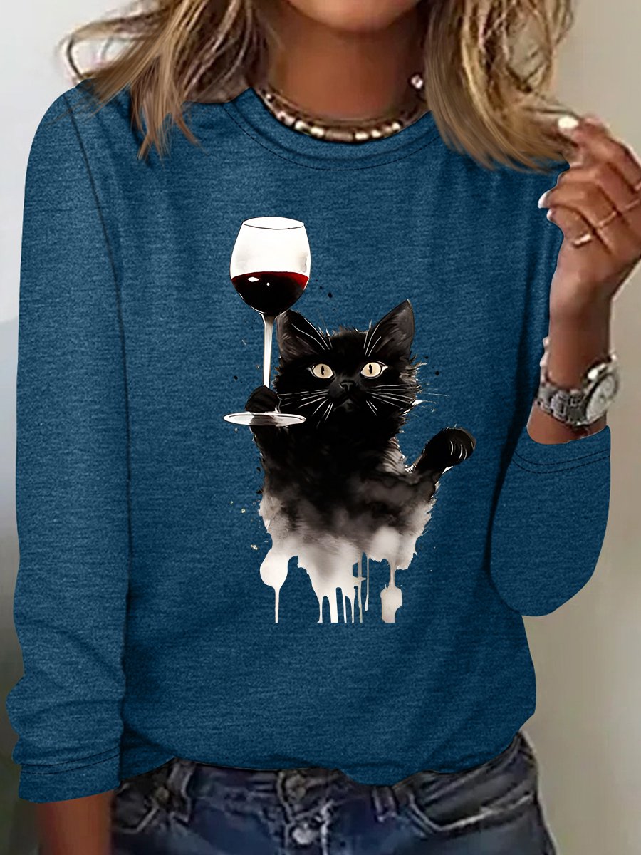 Cute Cat And Red Wine Casual Long Sleeve Shirt