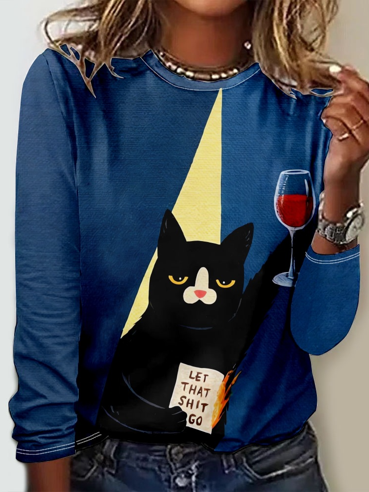 Cat Christmas Wine Glass Casual Crew Neck Long Sleeve Shirt