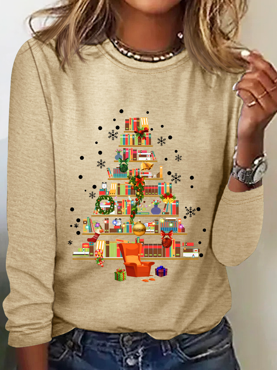 Christmas Tree Made Of Books Casual Long Sleeve Shirt