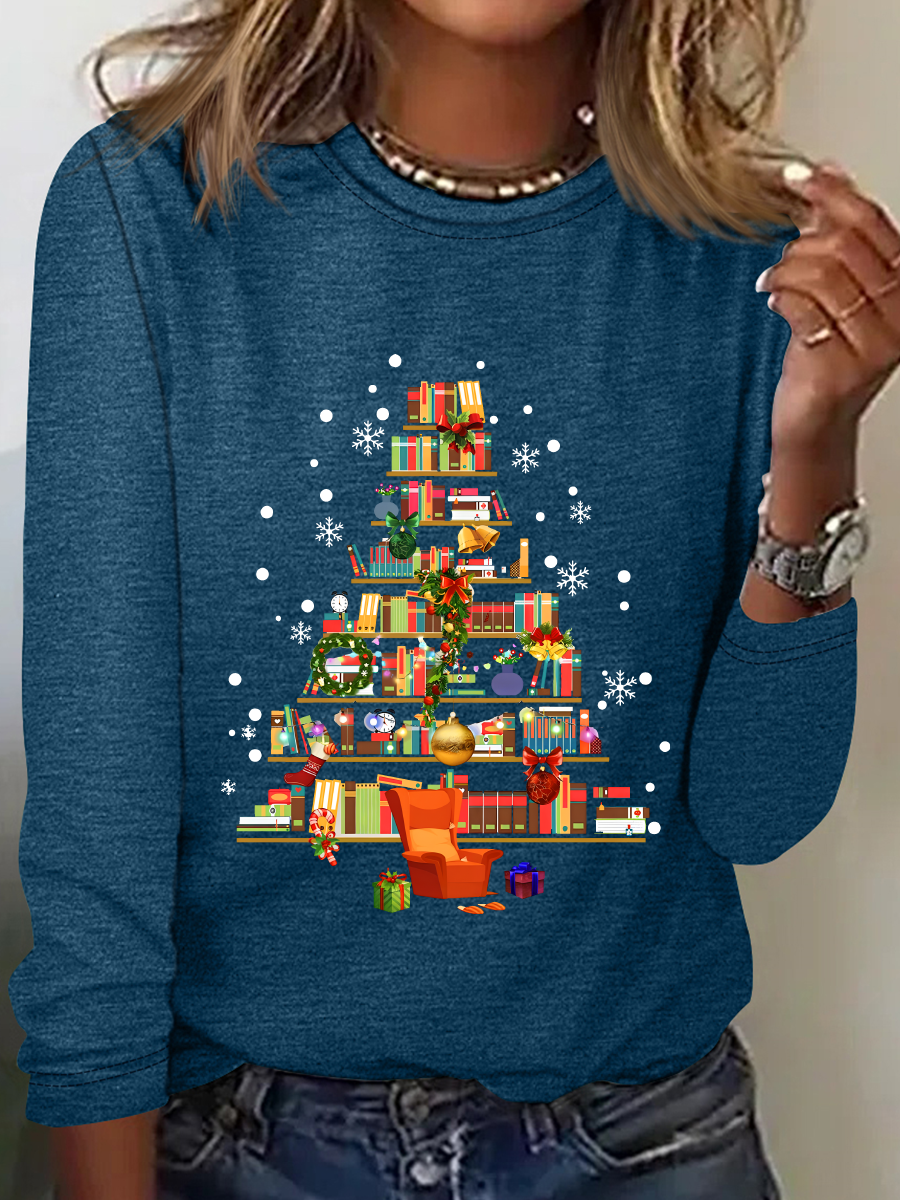 Christmas Tree Made Of Books Casual Long Sleeve Shirt