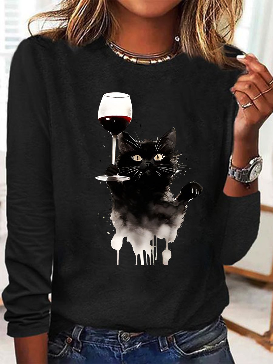 Cute Cat And Red Wine Casual Long Sleeve Shirt