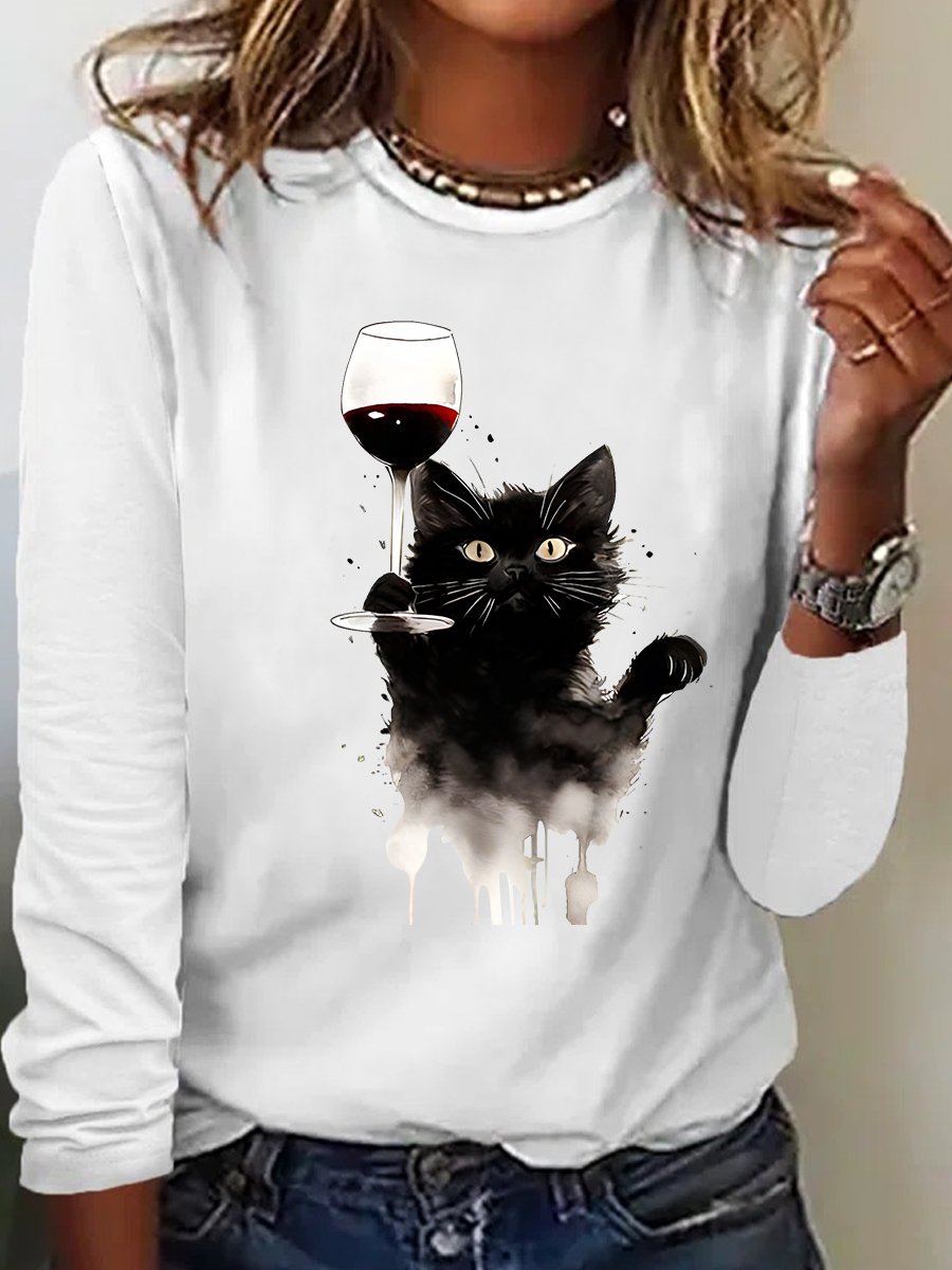 Cute Cat And Red Wine Casual Long Sleeve Shirt