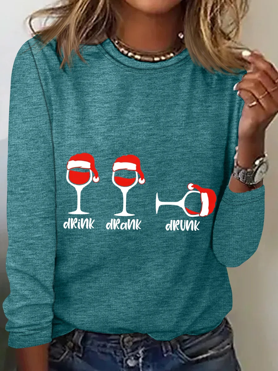 Christmas Wine Glasses Casual Long Sleeve Shirt