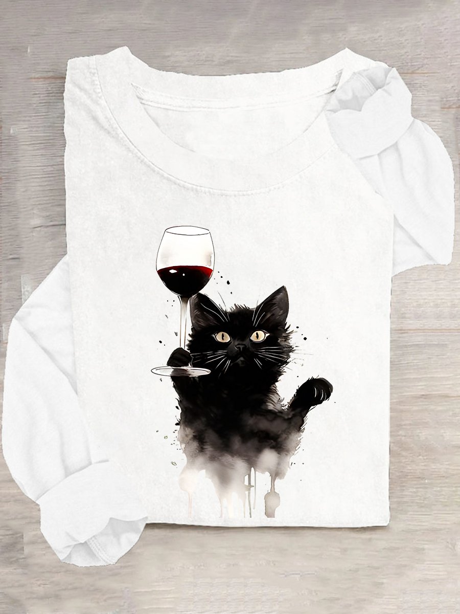 Cute Cat And Red Wine Casual Long Sleeve Shirt