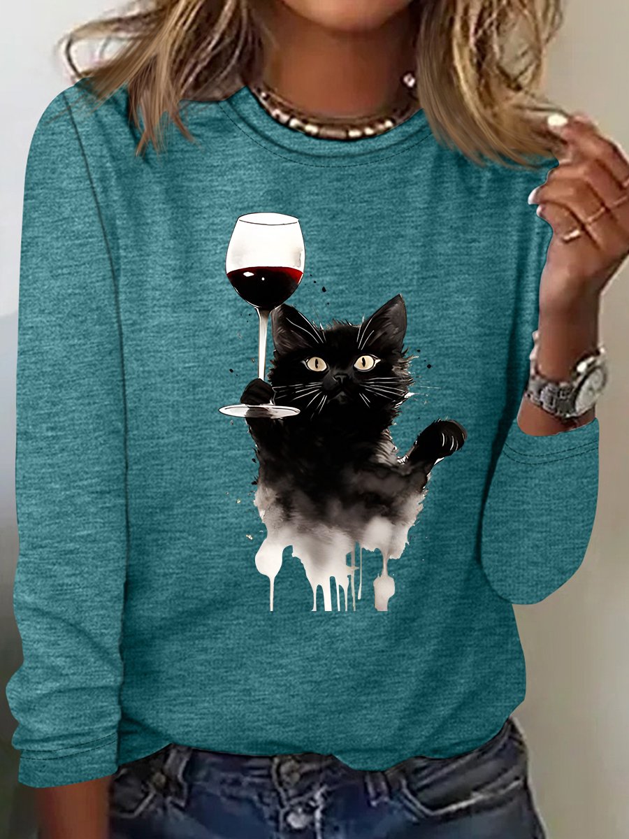 Cute Cat And Red Wine Casual Long Sleeve Shirt