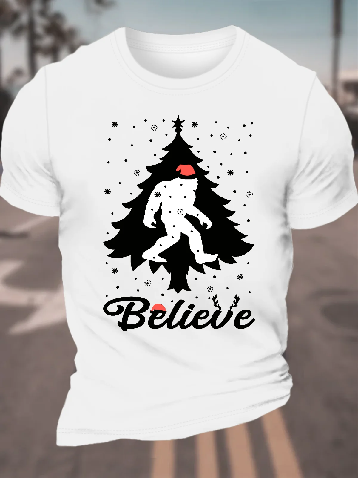 Santa Bigfoot Believe Christmas Tree Cotton T-Shirt