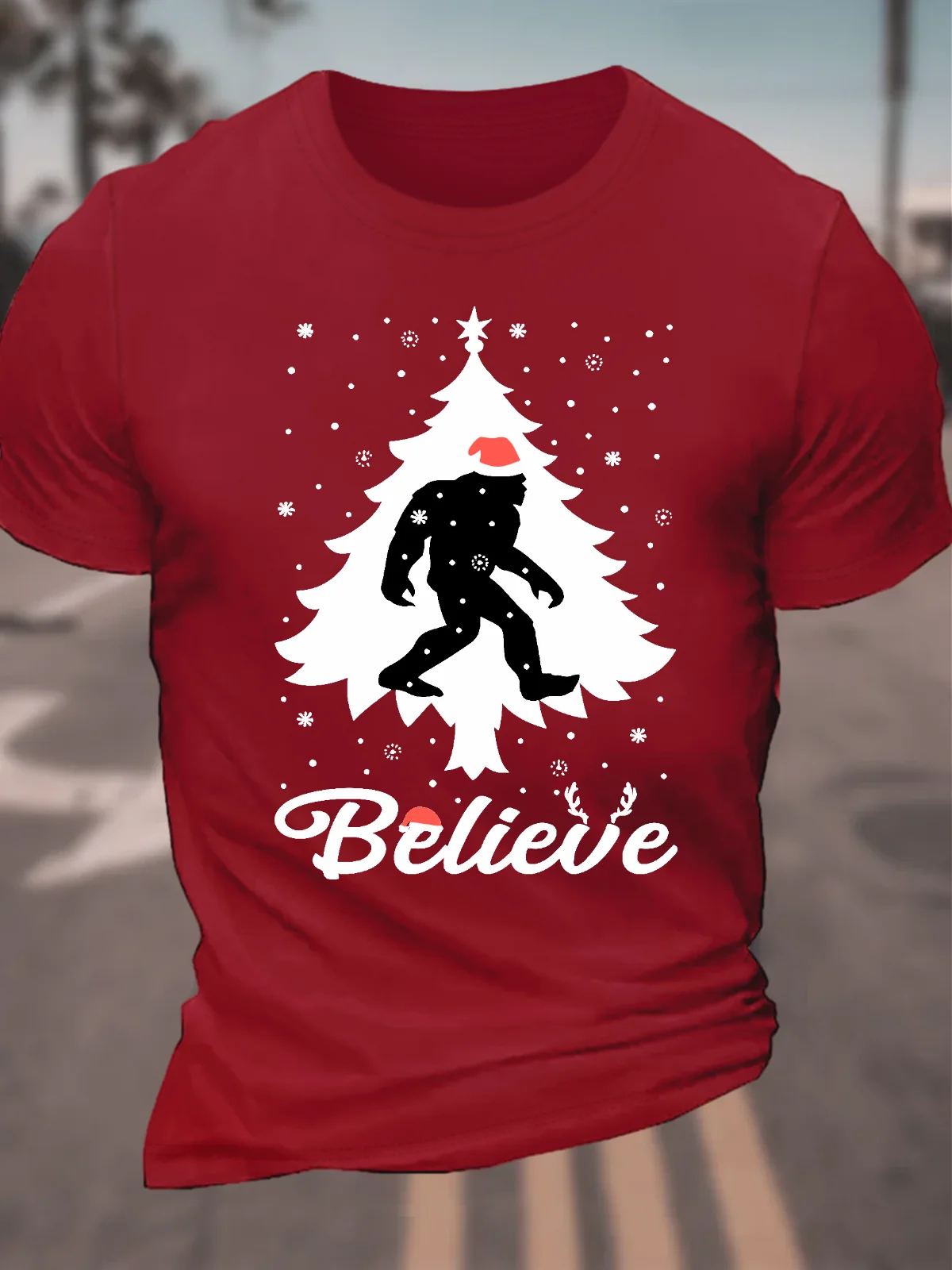 Santa Bigfoot Believe Christmas Tree Cotton T-Shirt