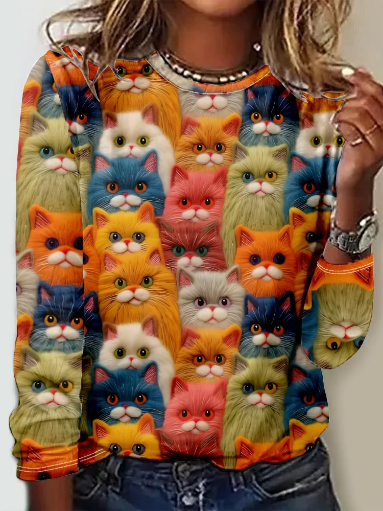 3D Printing Casual Funny Cat Crew Neck Long Sleeve Shirt