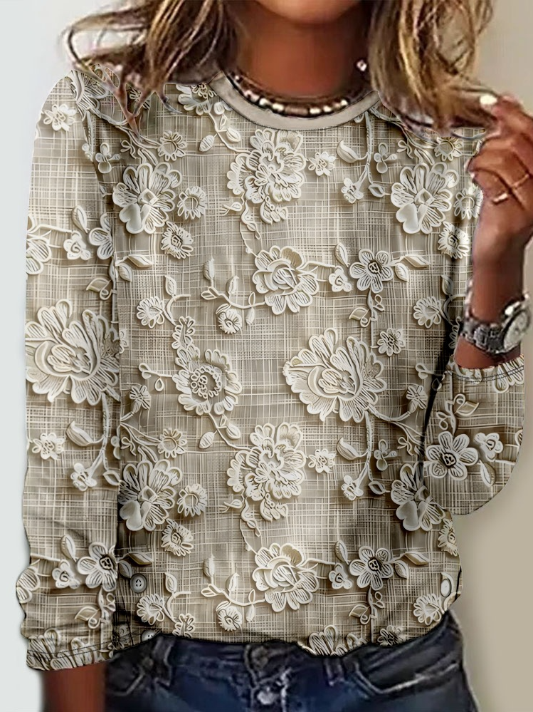 3D Printing Floral Lace Embroidered Linen Blend Cozy Long Sleeve Shirt