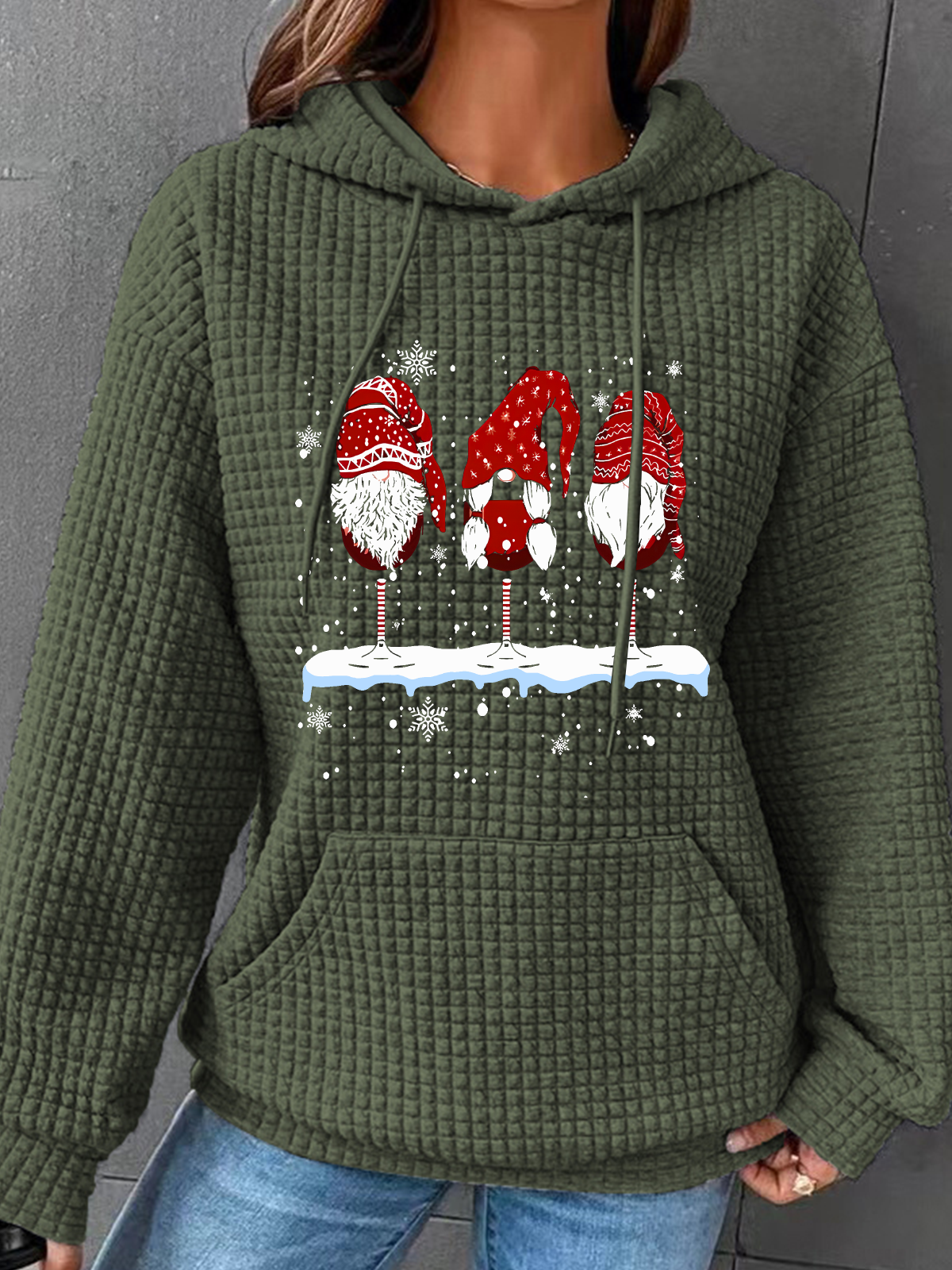 Wine Glasses Gnomies Christmas Simple Loose Hoodie