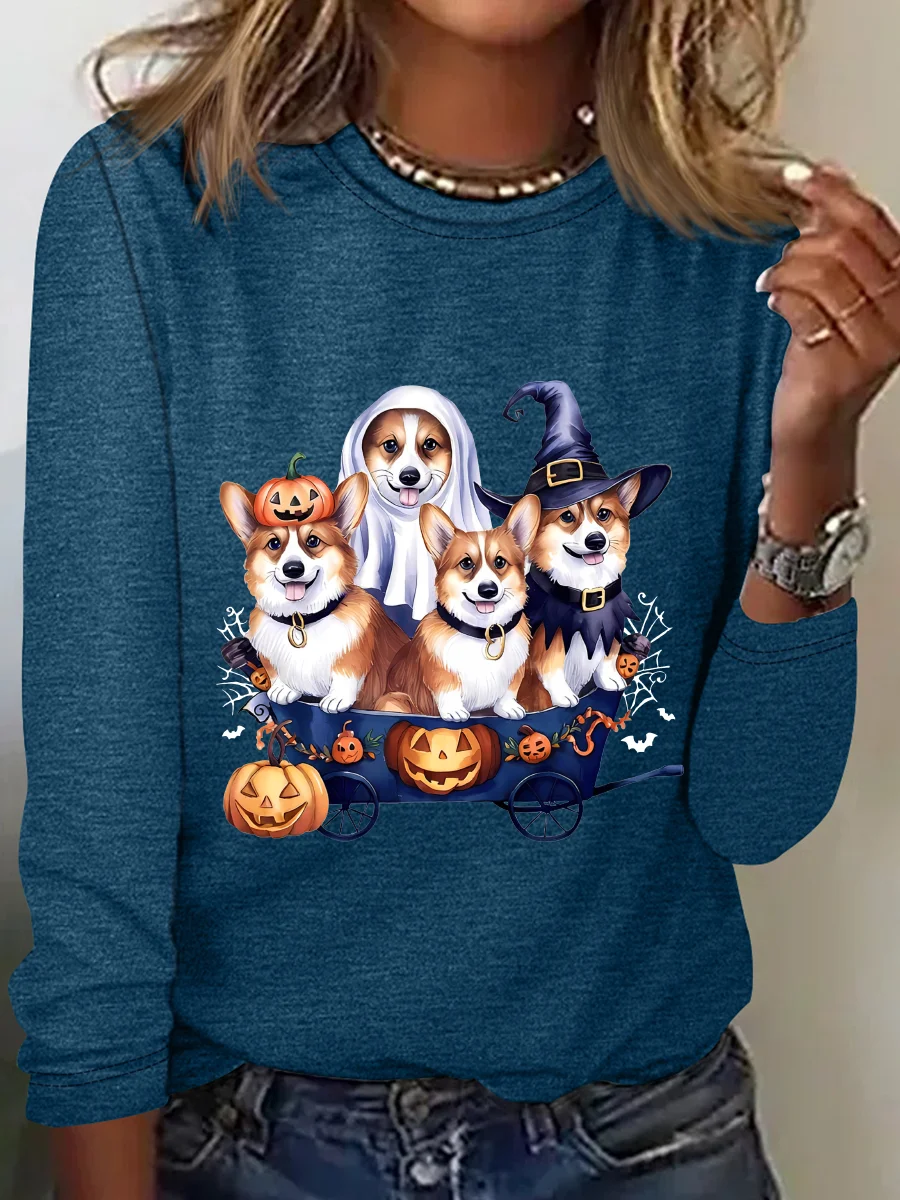 Halloween Corgi Casual Long Sleeve Shirt