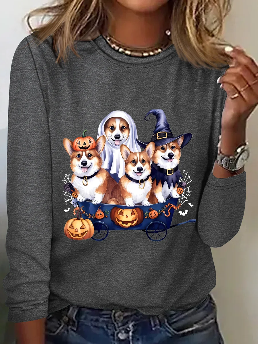 Halloween Corgi Casual Long Sleeve Shirt