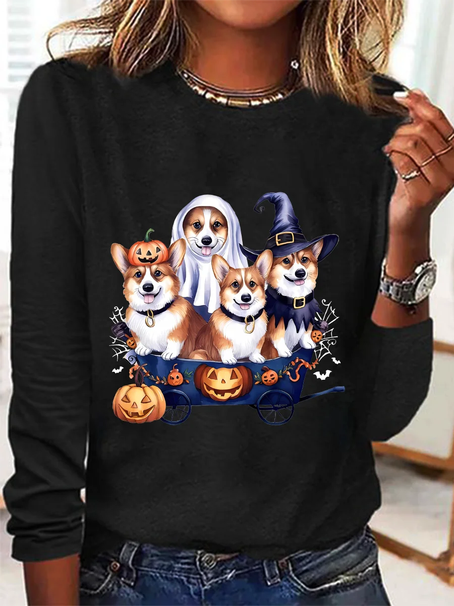 Halloween Corgi Casual Long Sleeve Shirt