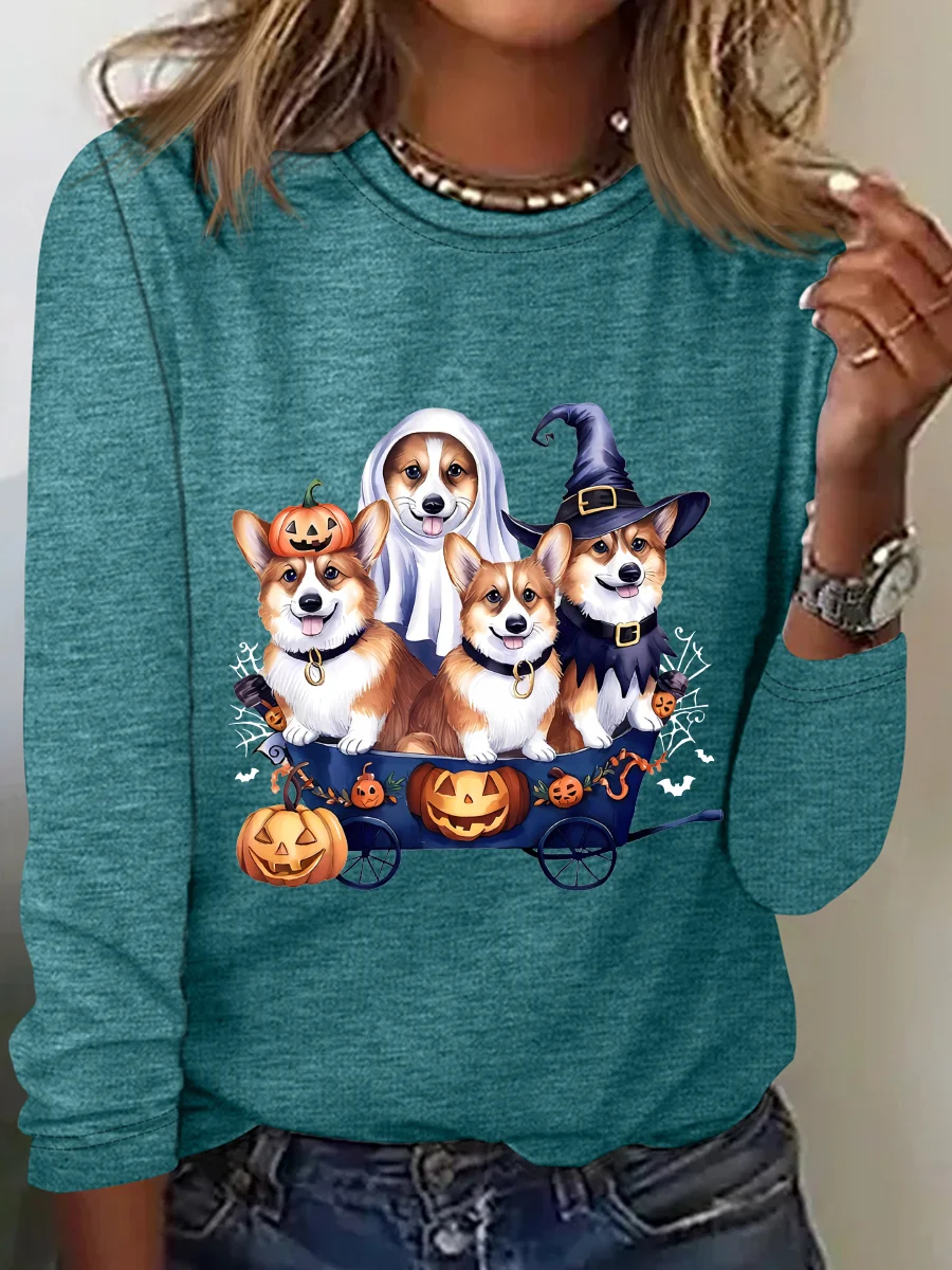 Halloween Corgi Casual Long Sleeve Shirt