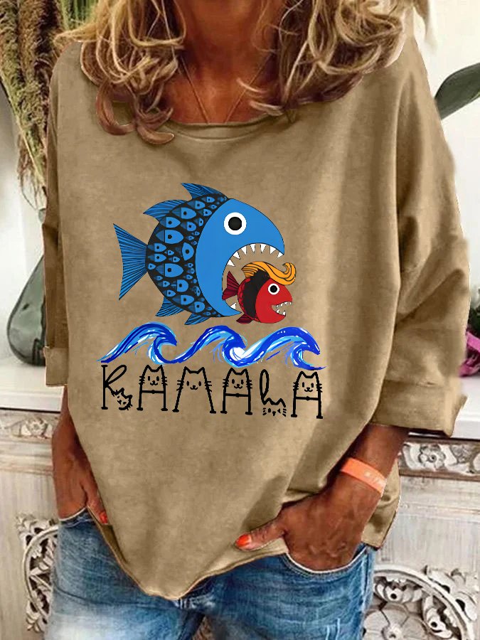 Blue Wave Big Fish Eats Small Fish Print Casual Sweatshirt