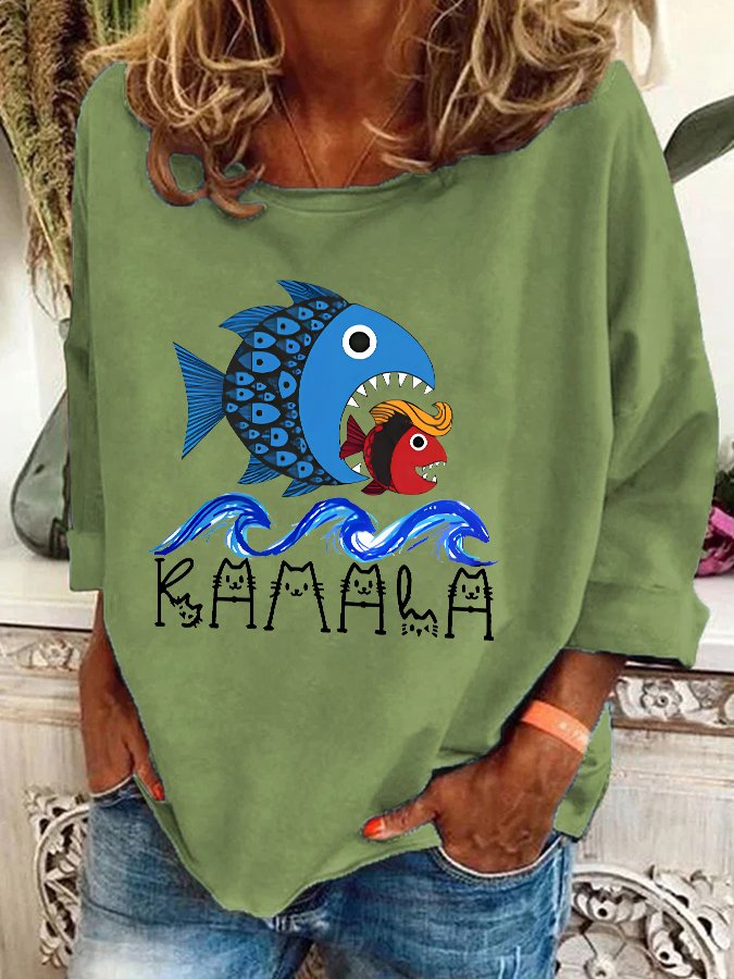 Blue Wave Big Fish Eats Small Fish Print Casual Sweatshirt