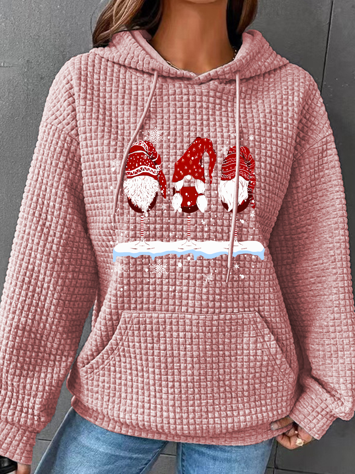 Wine Glasses Gnomies Christmas Simple Loose Hoodie