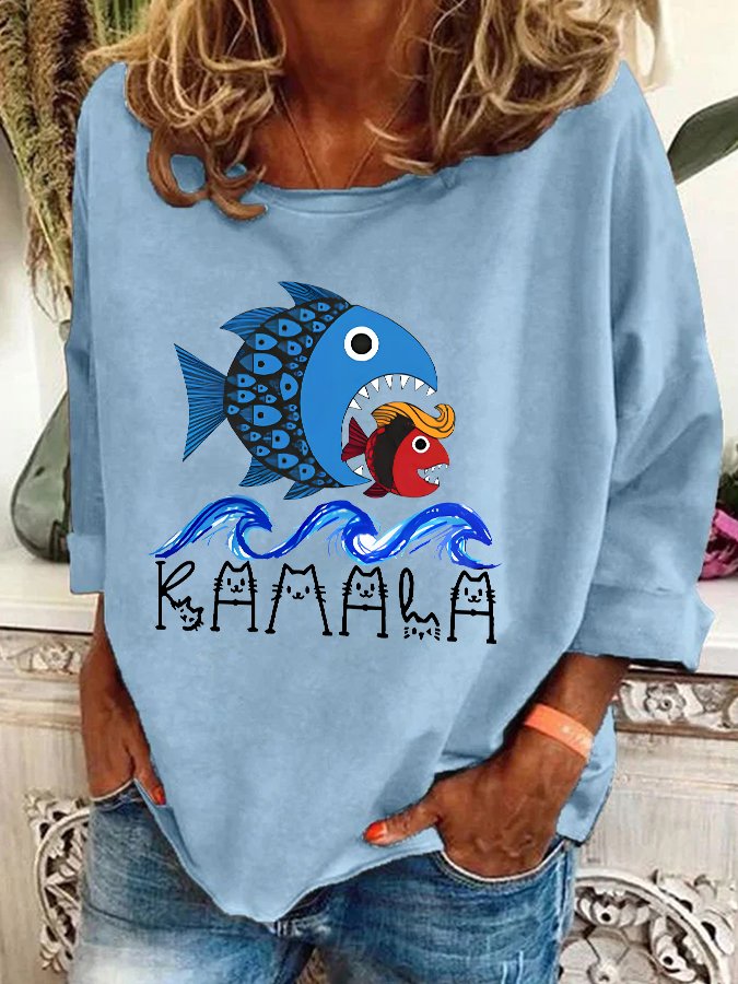 Blue Wave Big Fish Eats Small Fish Print Casual Sweatshirt