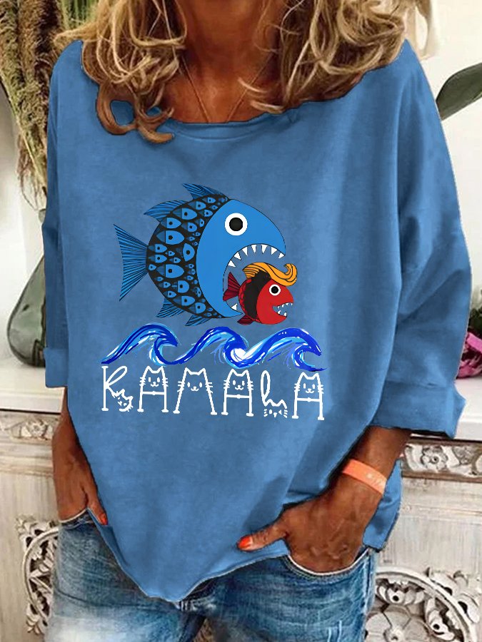 Blue Wave Big Fish Eats Small Fish Print Casual Sweatshirt