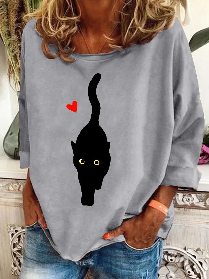 Couple With Hearts And Black Cat Art Print Casual Sweatshirt