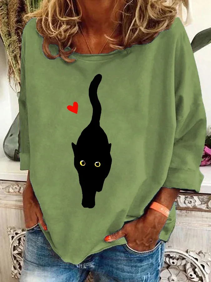 Couple With Hearts And Black Cat Art Print Casual Sweatshirt