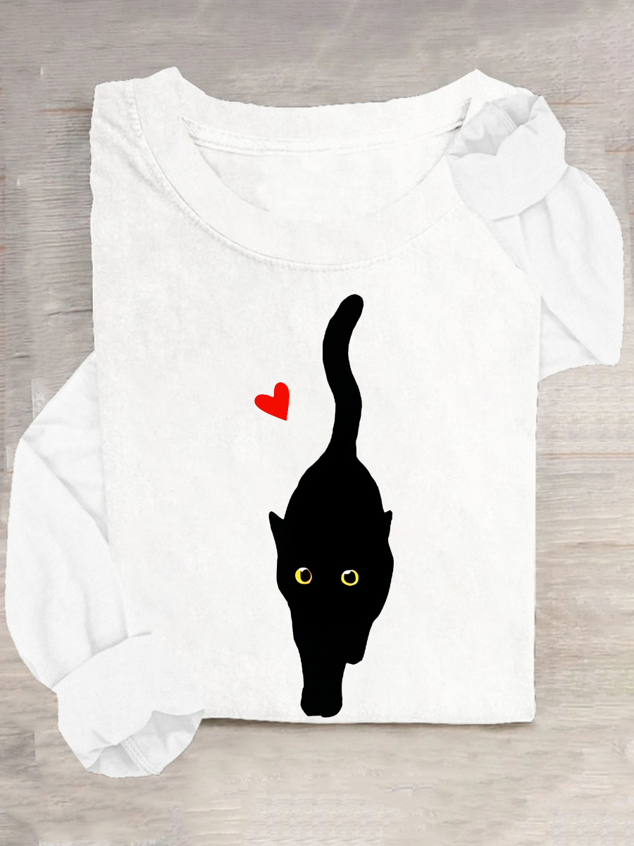 Couple With Hearts And Black Cat Art Print Casual Long Sleeve Shirt