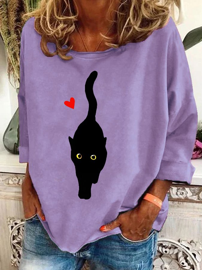 Couple With Hearts And Black Cat Art Print Casual Sweatshirt