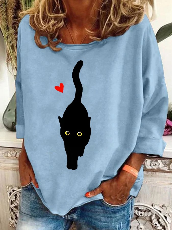 Couple With Hearts And Black Cat Art Print Casual Sweatshirt