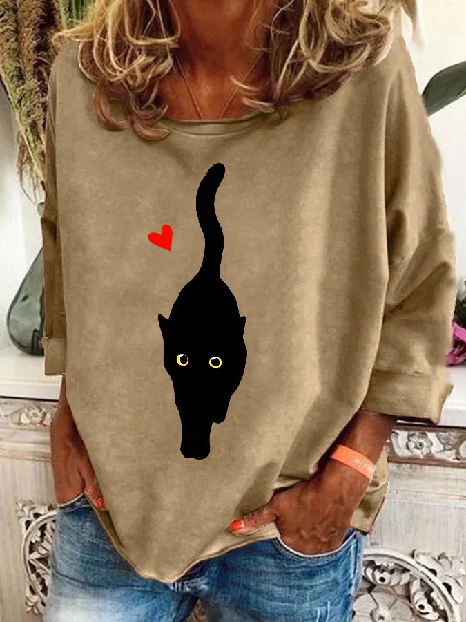 Couple With Hearts And Black Cat Art Print Casual Sweatshirt