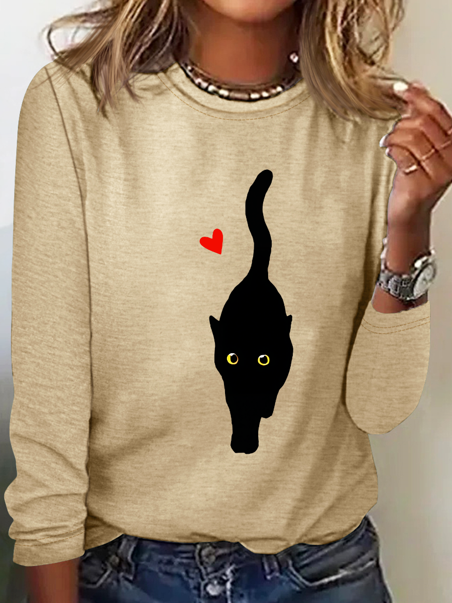 Couple With Hearts And Black Cat Art Print Casual Long Sleeve Shirt