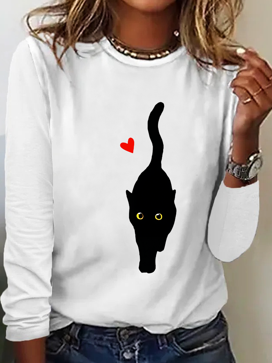 Couple With Hearts And Black Cat Art Print Casual Long Sleeve Shirt