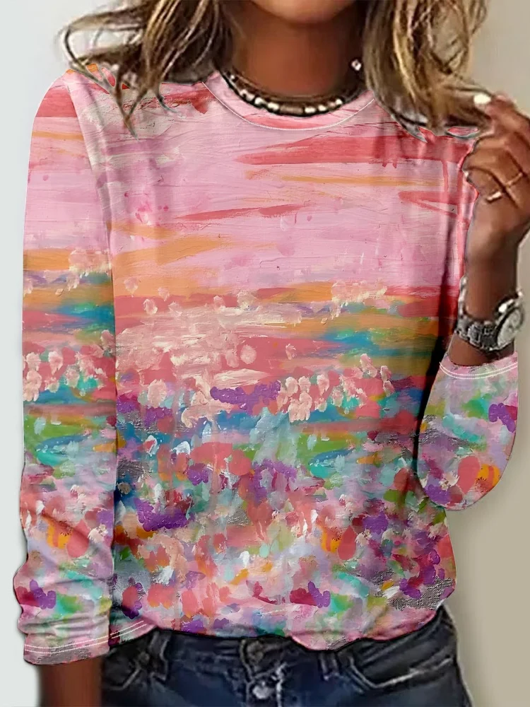 Women's Breast Cancer Awareness Print Color Block Casual Long Sleeve Shirt