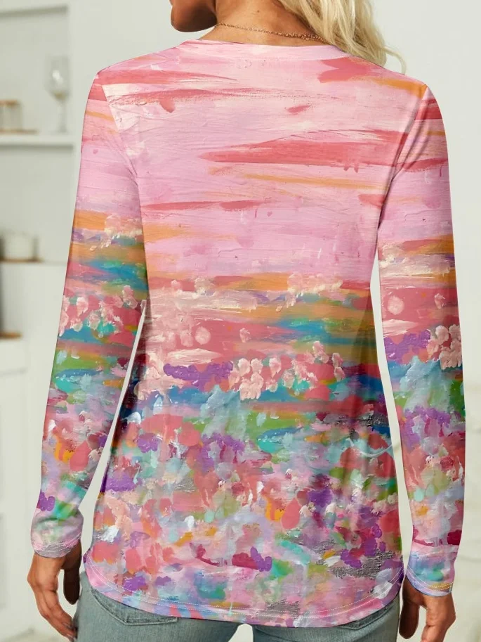 Women's Breast Cancer Awareness Print Color Block Casual Long Sleeve Shirt