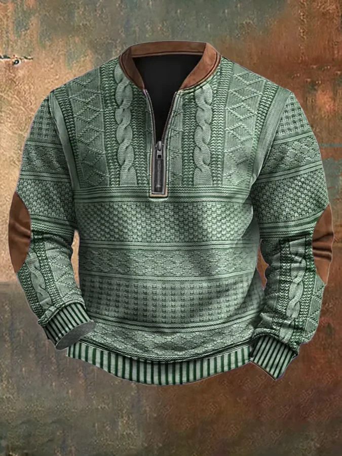 Flash Sale🔥Men's Vintage Knit Print Zip-Up Sweatshirt