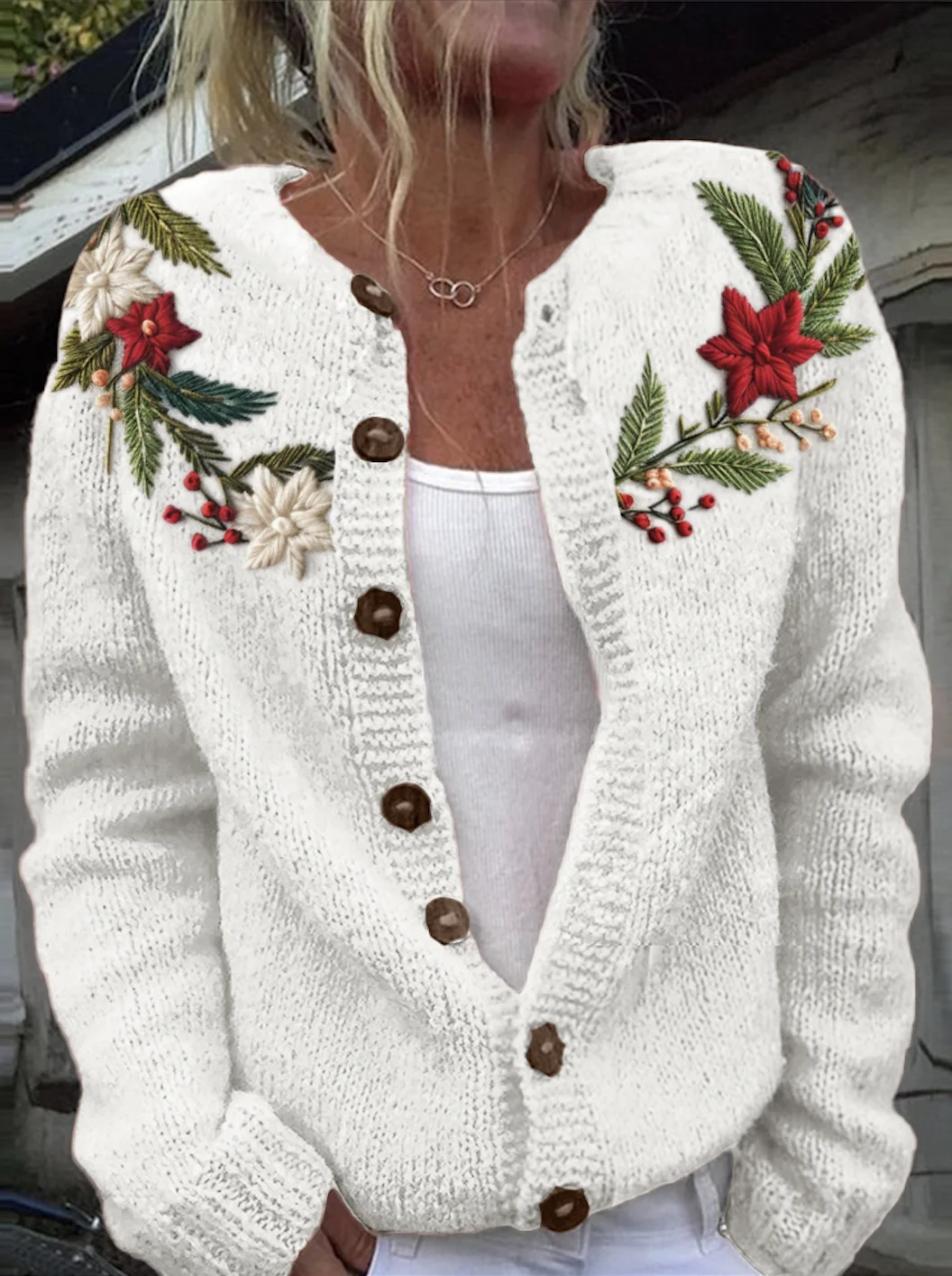 Knitted Casual Crew Neck Floral Cardigan