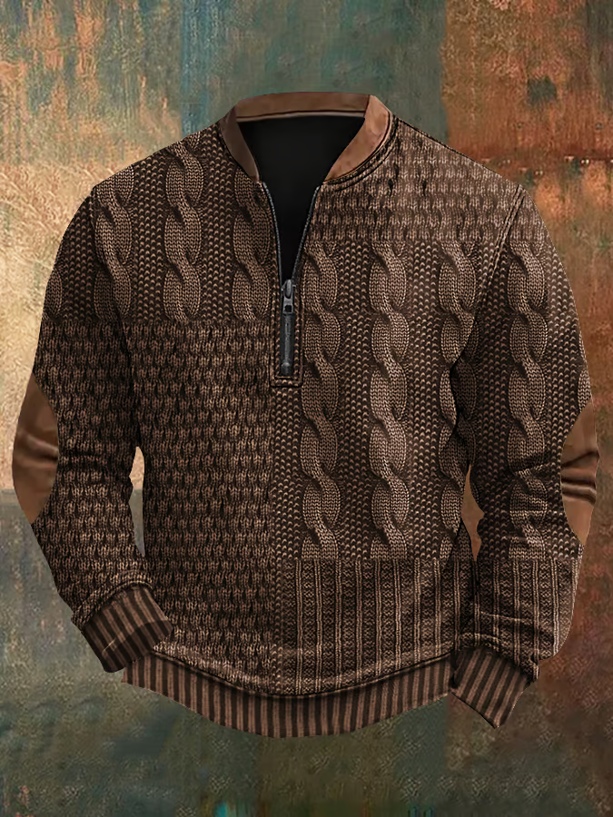 Men's Retro Western Print Zip-Up Sweatshirt