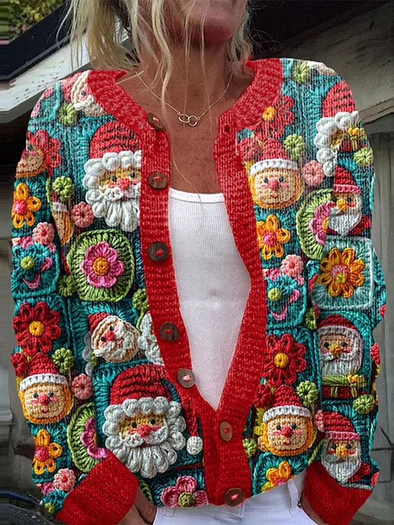 3D Printing Christmas Santa Crochet Art Print Long Sleeve Knitted Cardigan