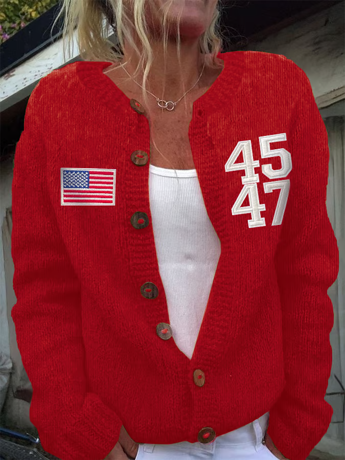 Flag Print Buttons Cardigan Sweater