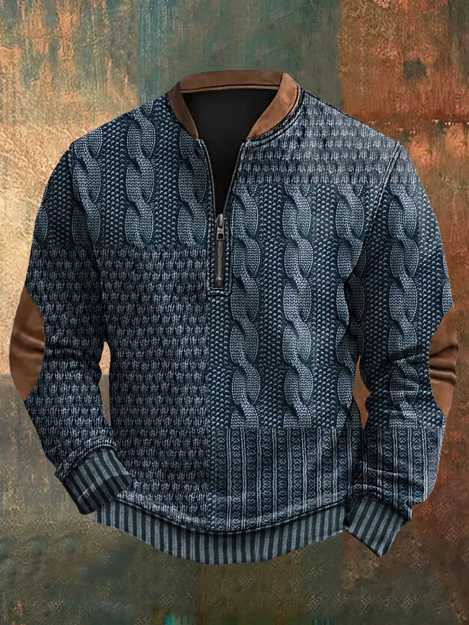 Men's Retro Western Print Zip-Up Sweatshirt