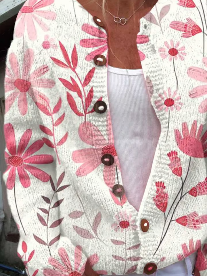 Women's Breast Cancer Pink Floral Print Knit Cardigan