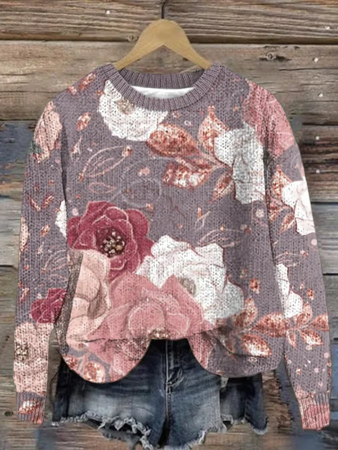 Women's Breast Cancer Flower Print 3D Printing Casual Crew Neck Sweater