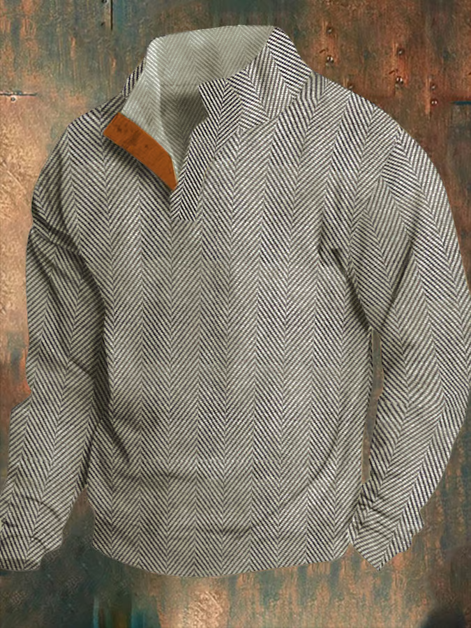 Men's Western Vintage Jacquard Herringbone Design Stand Collar Button Sweatshirt