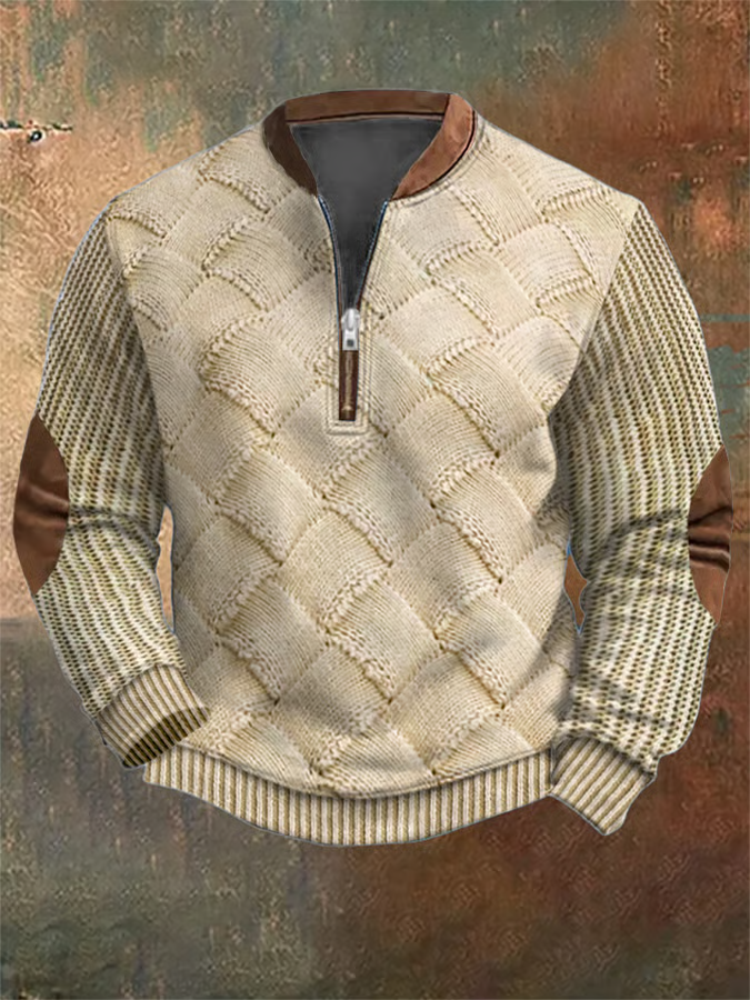 Men's Vintage Knit Print Zip-Up Sweatshirt