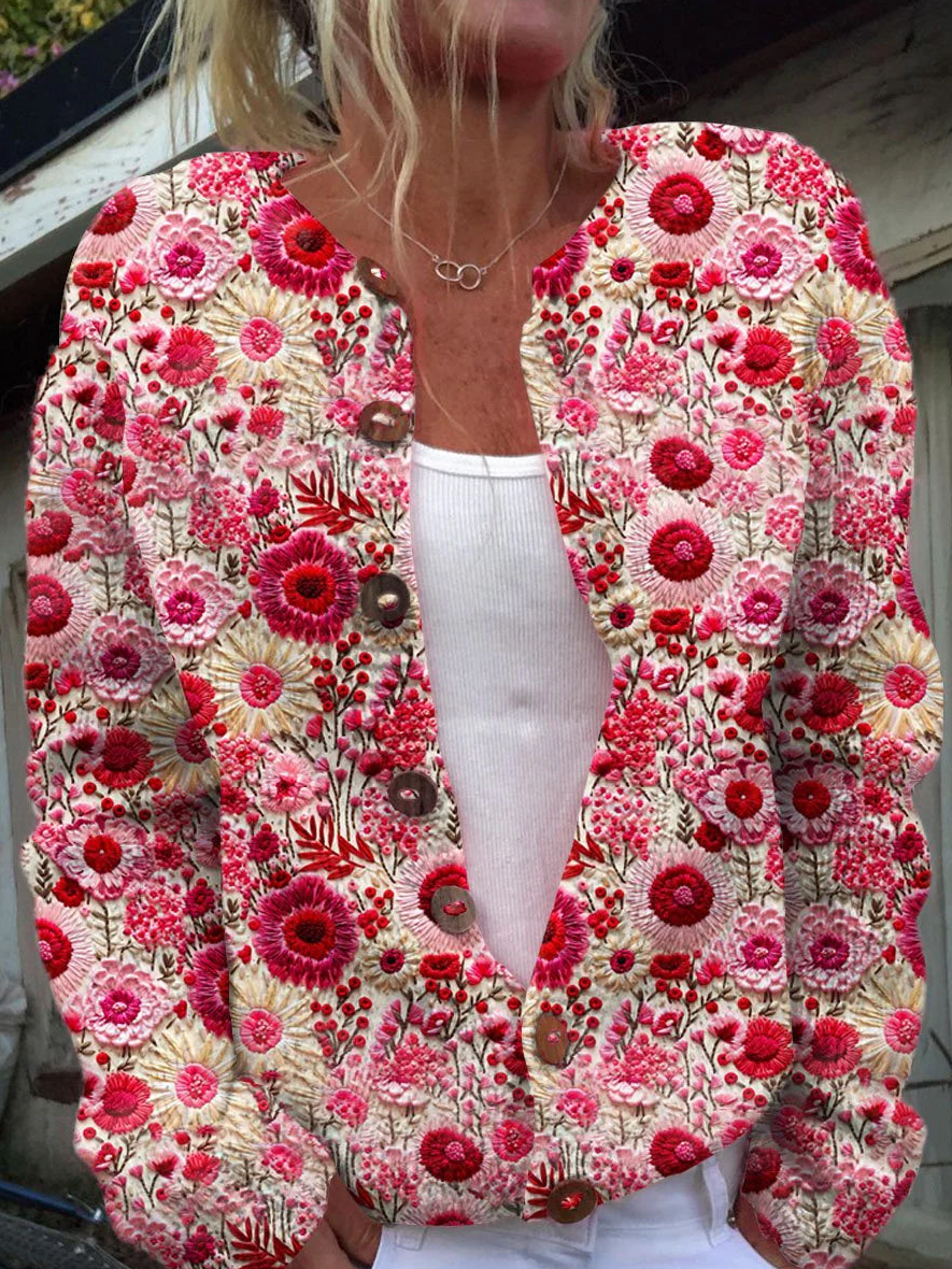 Floral Embroidery Art Print Buttoned Cardigan